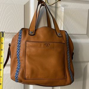 Tory Burch Cognac Leather Crossbody with Blue Braided Trim